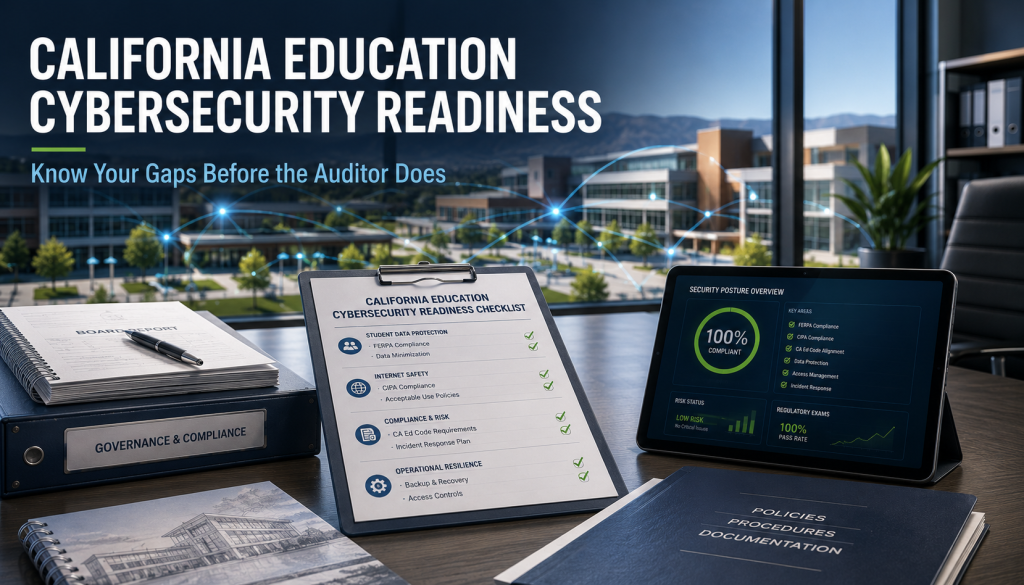 California K-12 cybersecurity compliance illustration showing school IT leadership reviewing FERPA, CIPA and California Education Code readiness with secure campus technology infrastructure.