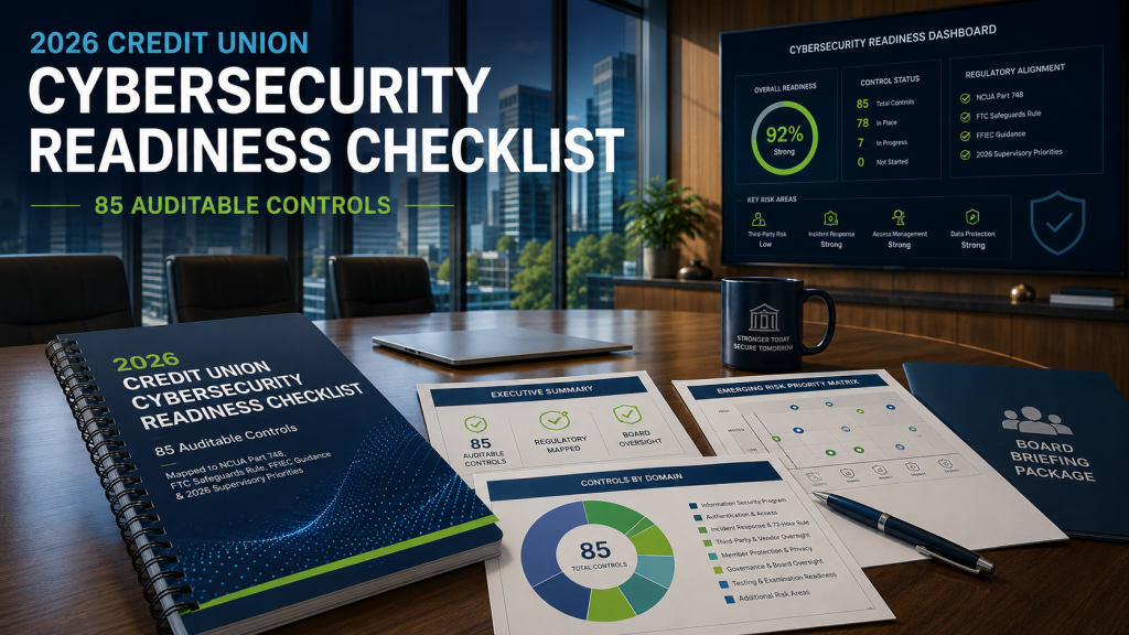 Executive boardroom displaying a credit union cybersecurity readiness checklist with regulatory documentation prepared for an NCUA Information Security Examination and board review.