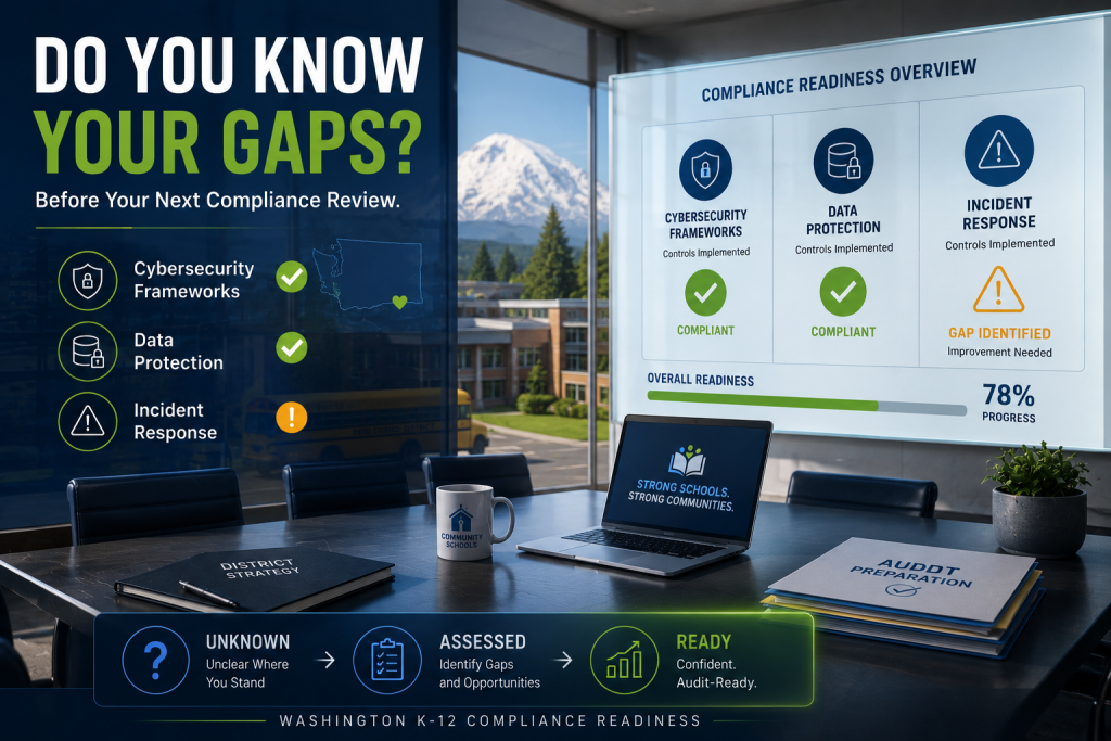 Washington K-12 school district cybersecurity compliance assessment showing audit readiness, cybersecurity controls, incident response planning, and regulatory compliance roadmap for district technology leaders.