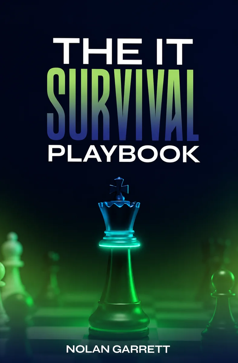 The cover of The IT Survival Playbook by Nolan Garrett featuring a glowing black king chess piece, symbolizing IT leadership, strategy, resilience, and business technology success.