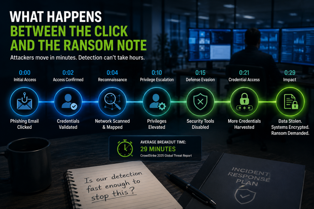 Cybersecurity attack timeline showing how ransomware spreads through a credit union network in under 29 minutes, from phishing email and stolen credentials to privilege escalation, disabled security controls, data theft, and ransomware deployment.